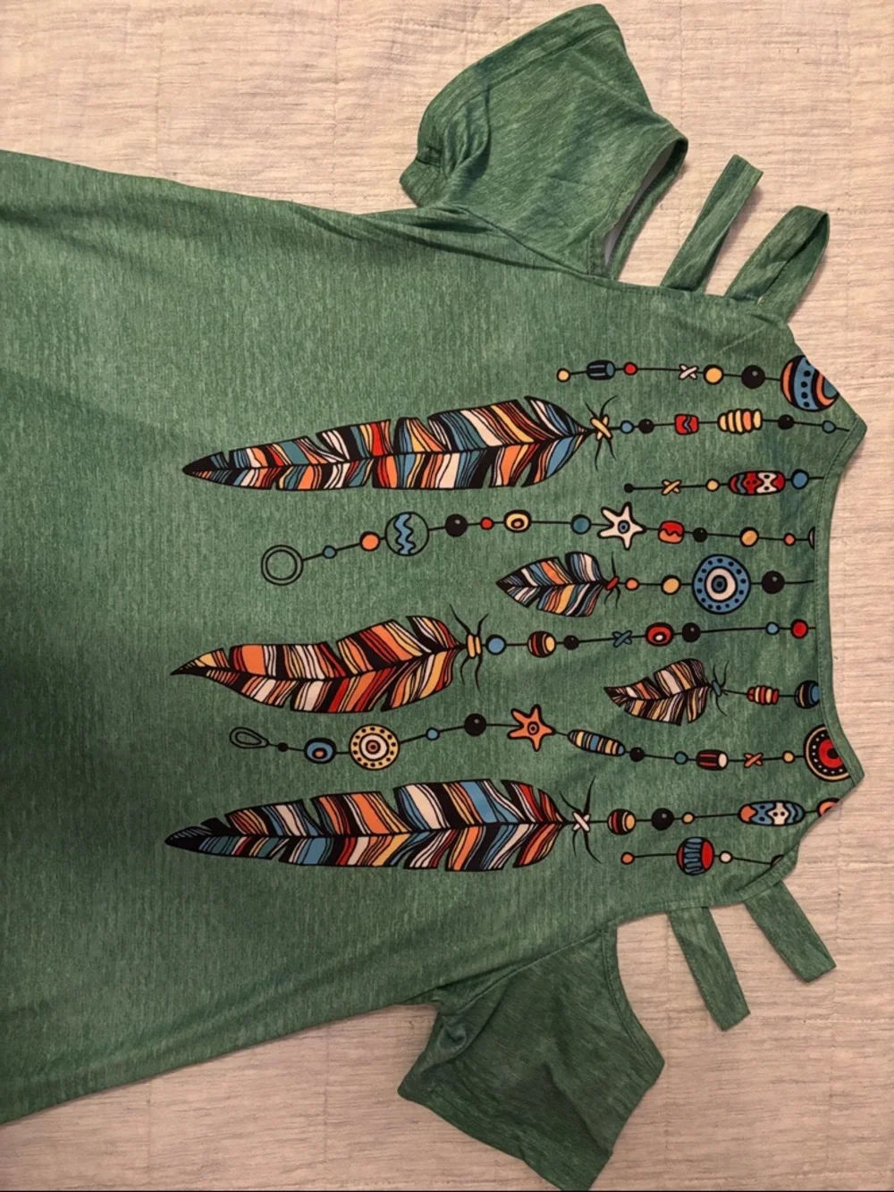 Green Feather-Print Cut-out Shoulder Sleeves Women's Large Tunic - Picture 3 of 6